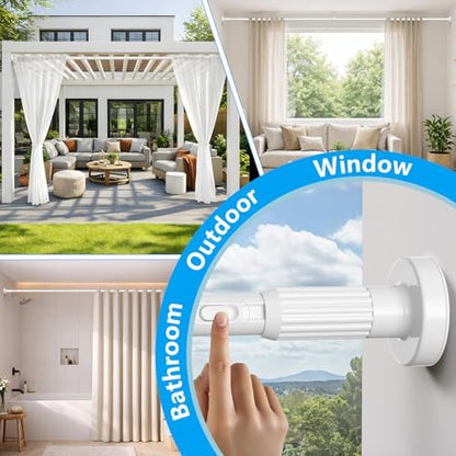 Extra Long Tension Curtain Rods 41-146 Inch, White, One-Click Heavy Duty | No Drilling Adjustable Outdoor Shower Tension Rod for Patio, Window, Living Room Divider, Bathroom, Non-Slip 1.26" Diameter