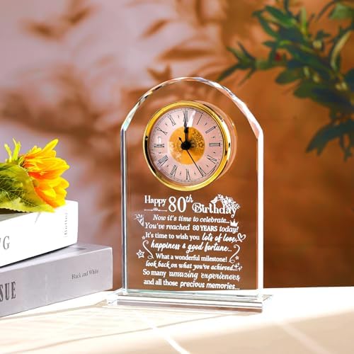 Happy 80th Birthday for Women, Men, Parents, 80 Year Old Glass Quartz Clock | 80th Birthday Gifts for Parents & Grandma, Grandpa, 80 Year Old Birthday Present for Her, Mom, Dad, 80 Year Blessing Keepsake