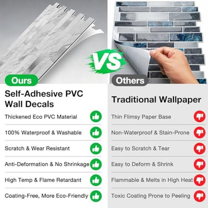 Peel and Stick Backsplash Tile Waterproof Removable PVC Wall Sticker 3D Faux Stone Marble Brick White Accent Panels (White Marble - Metal Silver, 20 Tiles - 9 sq. ft. (0.84 M²))