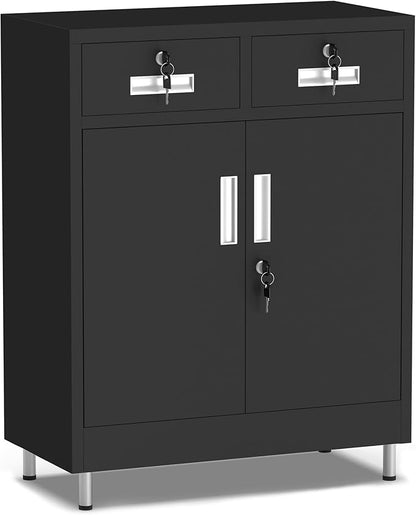 Metal Storage Cabinet with Locking Doors and 2 Drawers, Lockable Storage by JINGUR