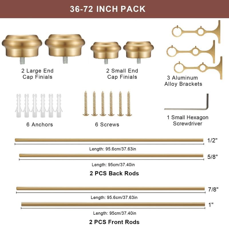 Warm Gold Double Window Rods - 36-72", "Adjustable Dual Curtain Rods with End Cap Finials