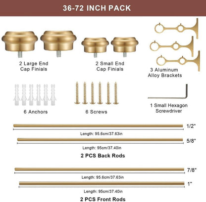 Warm Gold Double Window Rods - 36-72", "Adjustable Dual Curtain Rods with End Cap Finials