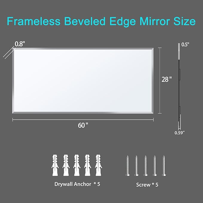 60x28 Inch Bathroom Mirror Frameless Beveled Edge Rectangle Wall Mirror - Image 6