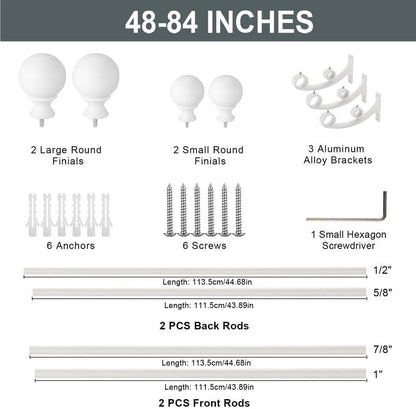 Matte White Double Curtain Rod 48 to 84 Inch - Decorative Window Rod With Round Finials, 1-Inch Front and 5/8 Inch Back