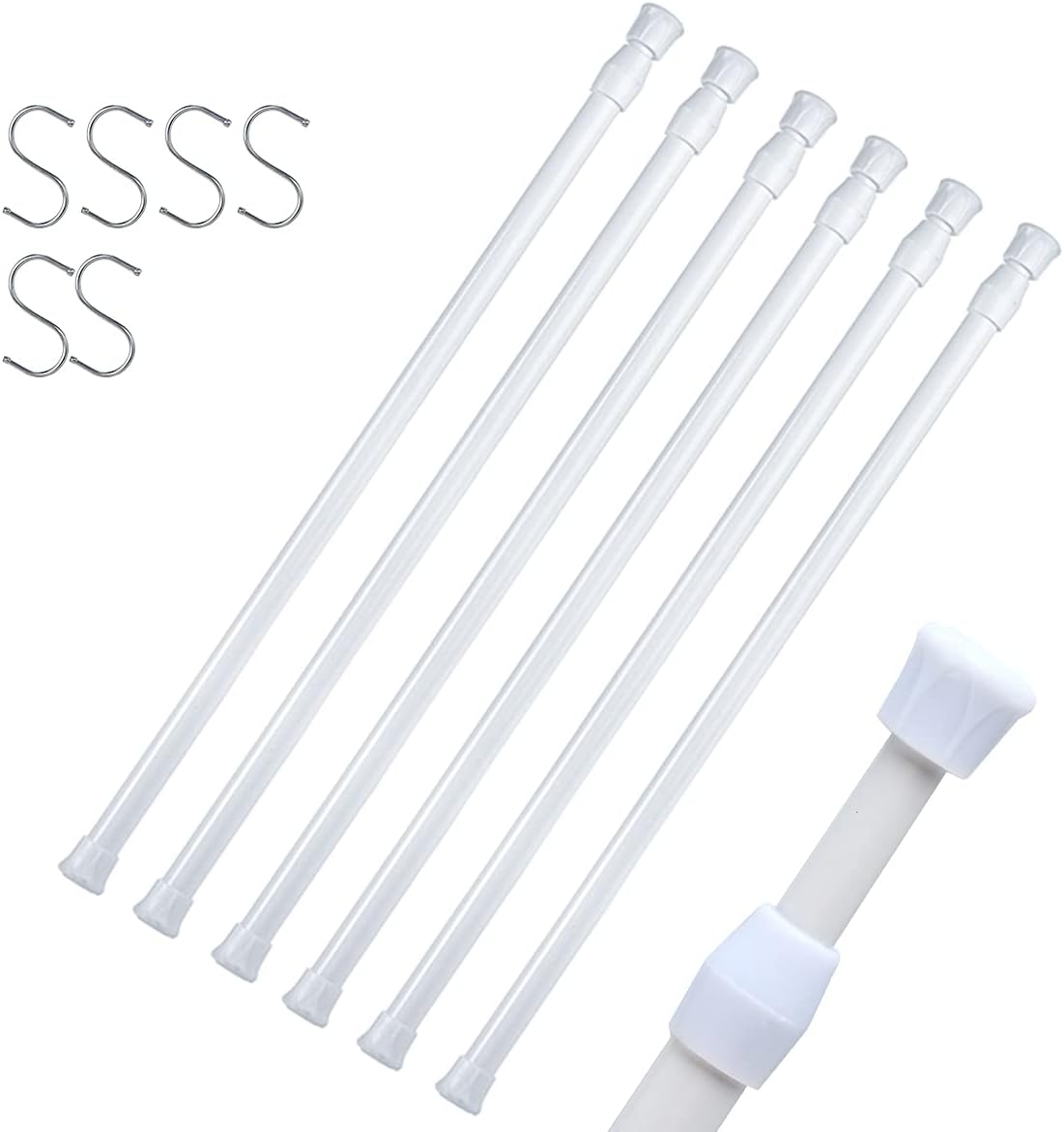 DeElf 6 Pack Tension Rods 28 to 48 Inches, Adjustable Spring Tension Rod for Window Curtain, Kitchen Cupboard Utensils, Closet, and Cabinet, White