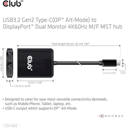 Club 3D CSV-1555 USB3.2 Gen2 Type-C to DisplayPort Dual Monitor 4K60Hz M/F MST - Image 2