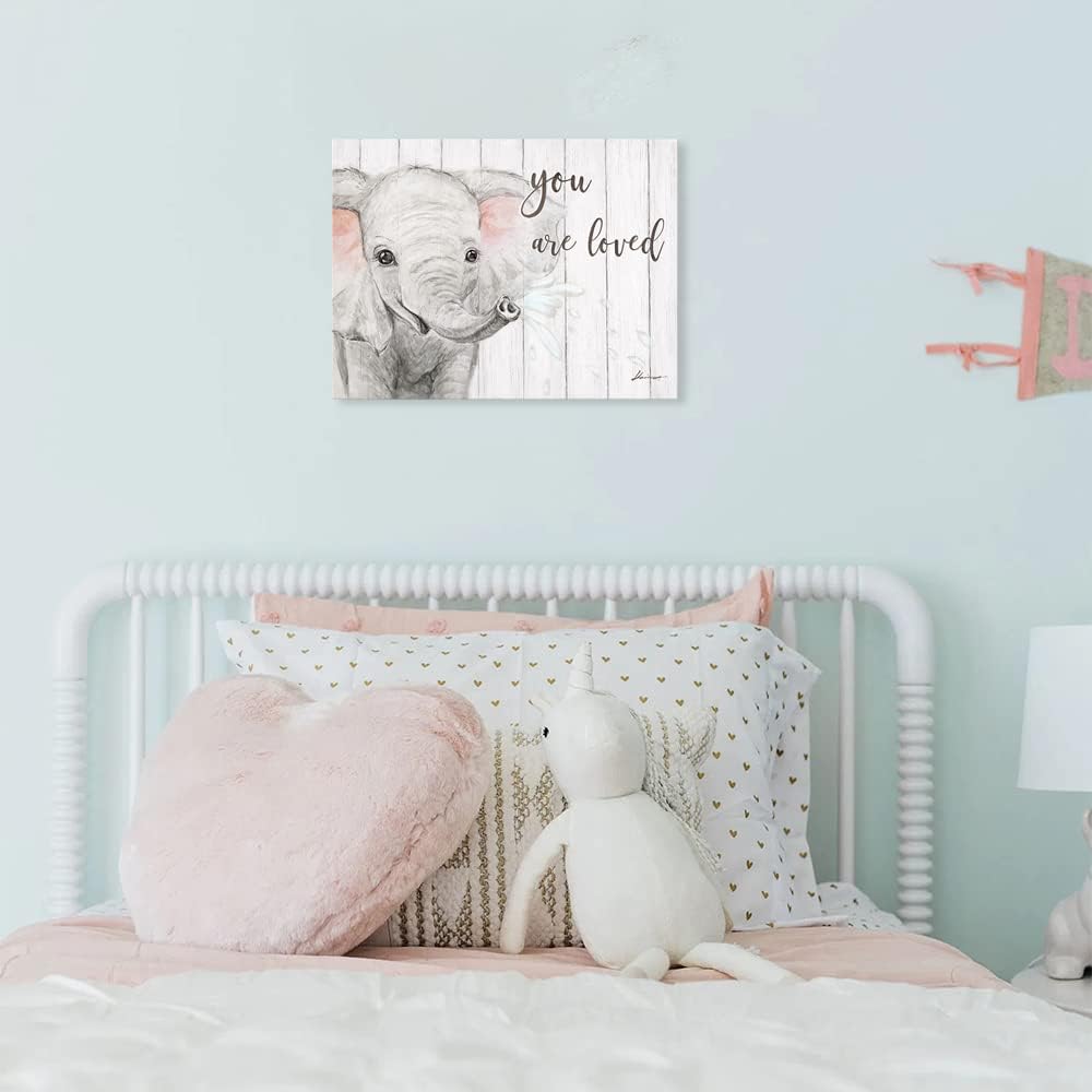 B BLINGBLING Elephant Nursery Canvas Wall Art: Blush Pink and Grey Baby Elephant Wall Art Prints You Are Loved Inspirational Quote Poster Cute Animal Picture for Baby Kids Room Decor Framed 16"x12"