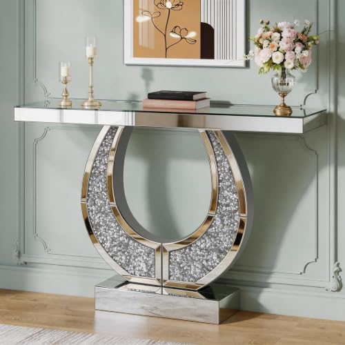 Mirrored Console Table & Round Wall Mirror Set, 45" Silver | O-Shaped Frame with Crushed Diamond Inlay, Full Mirrored Top, Weighted Anti-Tip Base, Easy-Clean, Sparkling Glam Decor Set