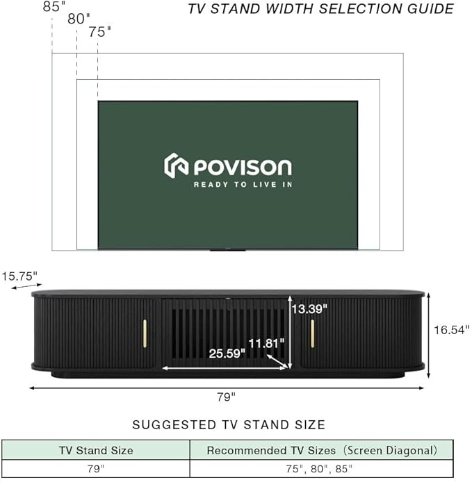 POVISON Fully-Assembled Mid Century Modern TV Stand, Sliding Tambour Door - Image 3