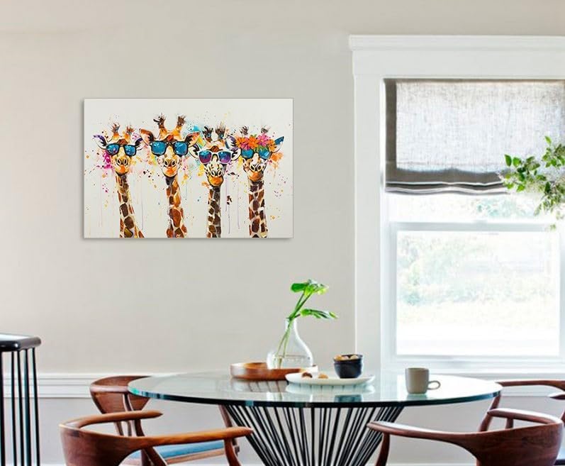 Ypxzzj Framed Cute Giraffes Canvas Wall Art Colorful Animal Posters Prints Pictures Wall Decor Modern Graffiti Painting Artwork for Living Room Bathroom Decor Ready to Hang(36''x24'')