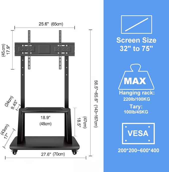 Hellsehen Mobile TV Stand, Rolling TVs Cart on Wheels Height Adjustable - Image 5