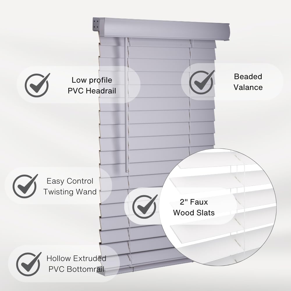LOTUS & WINDOWARE Cordless Faux Wood Blinds, 51" Wide x 72" Long,Smooth,Light Gray, 2 Inch Horizontal Blinds – for Living Room, Bedroom, Interior Door Windows