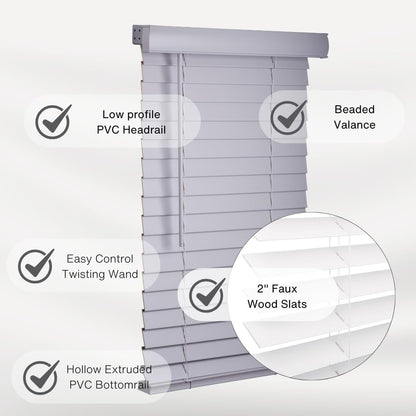 LOTUS & WINDOWARE Cordless Faux Wood Blinds, 51" Wide x 72" Long,Smooth,Light Gray, 2 Inch Horizontal Blinds – for Living Room, Bedroom, Interior Door Windows