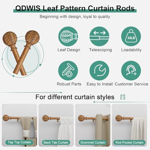 QDWIS 2 Pack Boho Wood Curtain Rods for Windows 48 to 84 inch,1" Adjustable Heavy Duty Window Curtain Rod with Imitation Wood Grain Finials,Rustic Decorative Drapery Rods Set 36-88'',Natural Wood