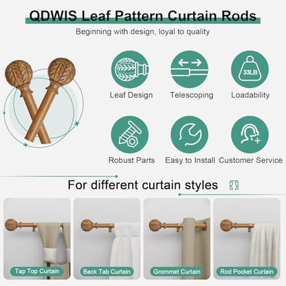 QDWIS 2 Pack Boho Wood Curtain Rods for Windows 48 to 84 inch,1" Adjustable Heavy Duty Window Curtain Rod with Imitation Wood Grain Finials,Rustic Decorative Drapery Rods Set 36-88'',Natural Wood
