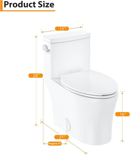 One-Piece Toilet for Bathroom, Comfort Height 16", Elongated - Image 2