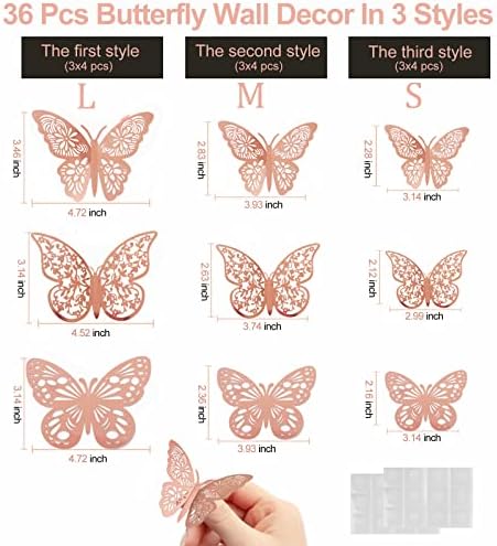 36 Pcs Butterfly Wall Decor, 3 Styles 3 Sizes 3D Rose Gold Butterfly, Wedding & Birthday Party Decorations, Girls Bedroom Decoration