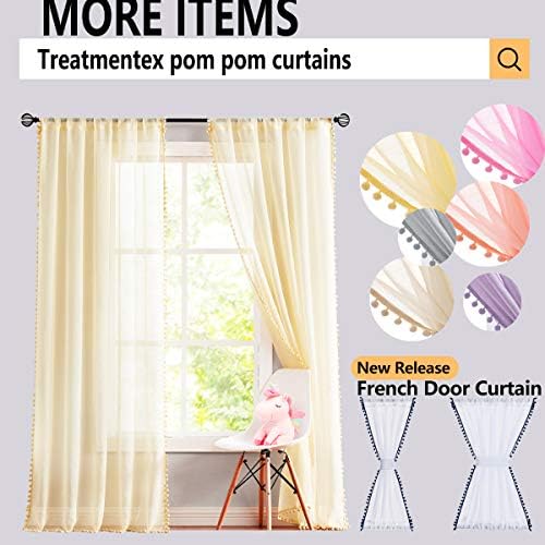 Treatmentex Black and White Sheer Curtains for Living Room 95" Long Linen Curtain Draperies for Nursery Room Decorative Pompom Voiles 2 Panels