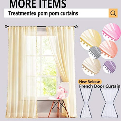 Treatmentex Black and White Sheer Curtains for Living Room 95" Long Linen Curtain Draperies for Nursery Room Decorative Pompom Voiles 2 Panels