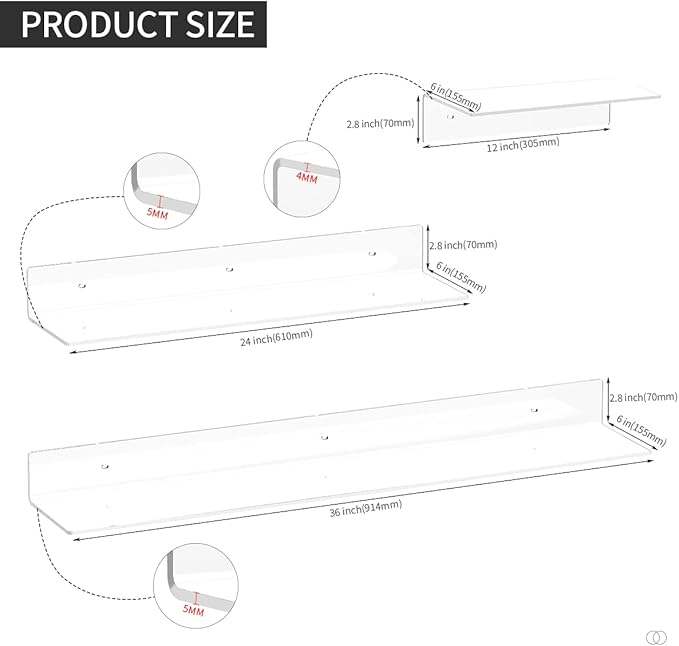 Acrylic Wall Shelves 36 24 12 Inches, Wall Mounted Display Shelves - Image 3