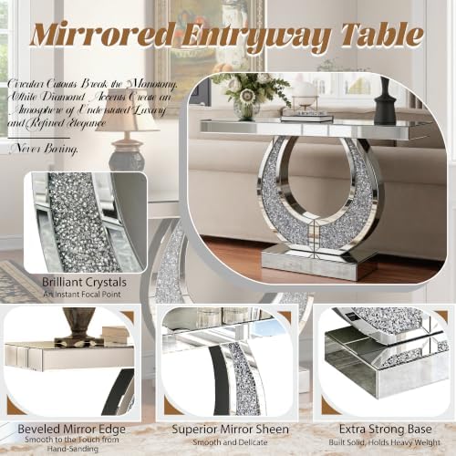 Mirrored Console Table & Round Wall Mirror Set, 45" Silver | O-Shaped Frame with Crushed Diamond Inlay, Full Mirrored Top, Weighted Anti-Tip Base, Easy-Clean, Sparkling Glam Decor Set