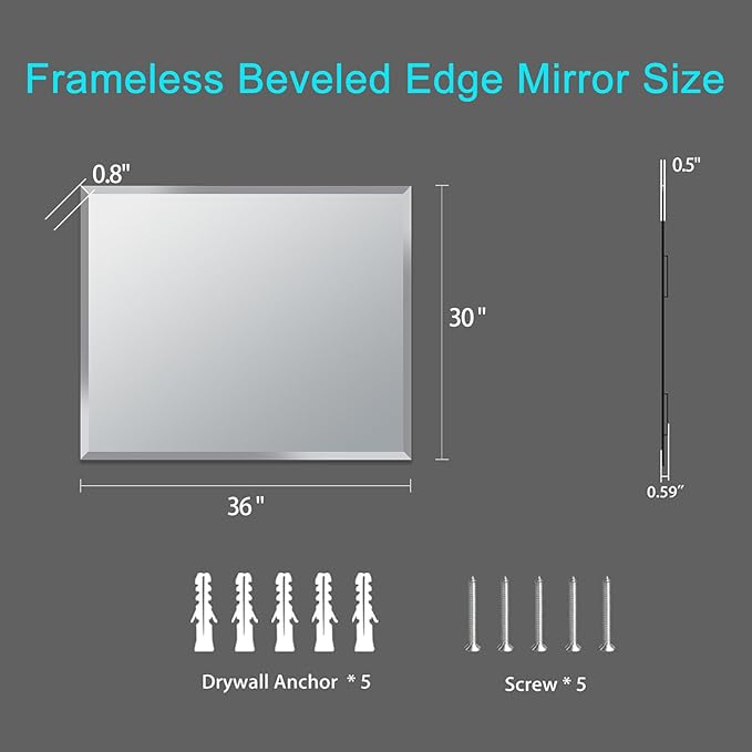 30x36 Inch Bathroom Mirror Frameless Beveled Edge Rectangle Wall Mirror - Image 7