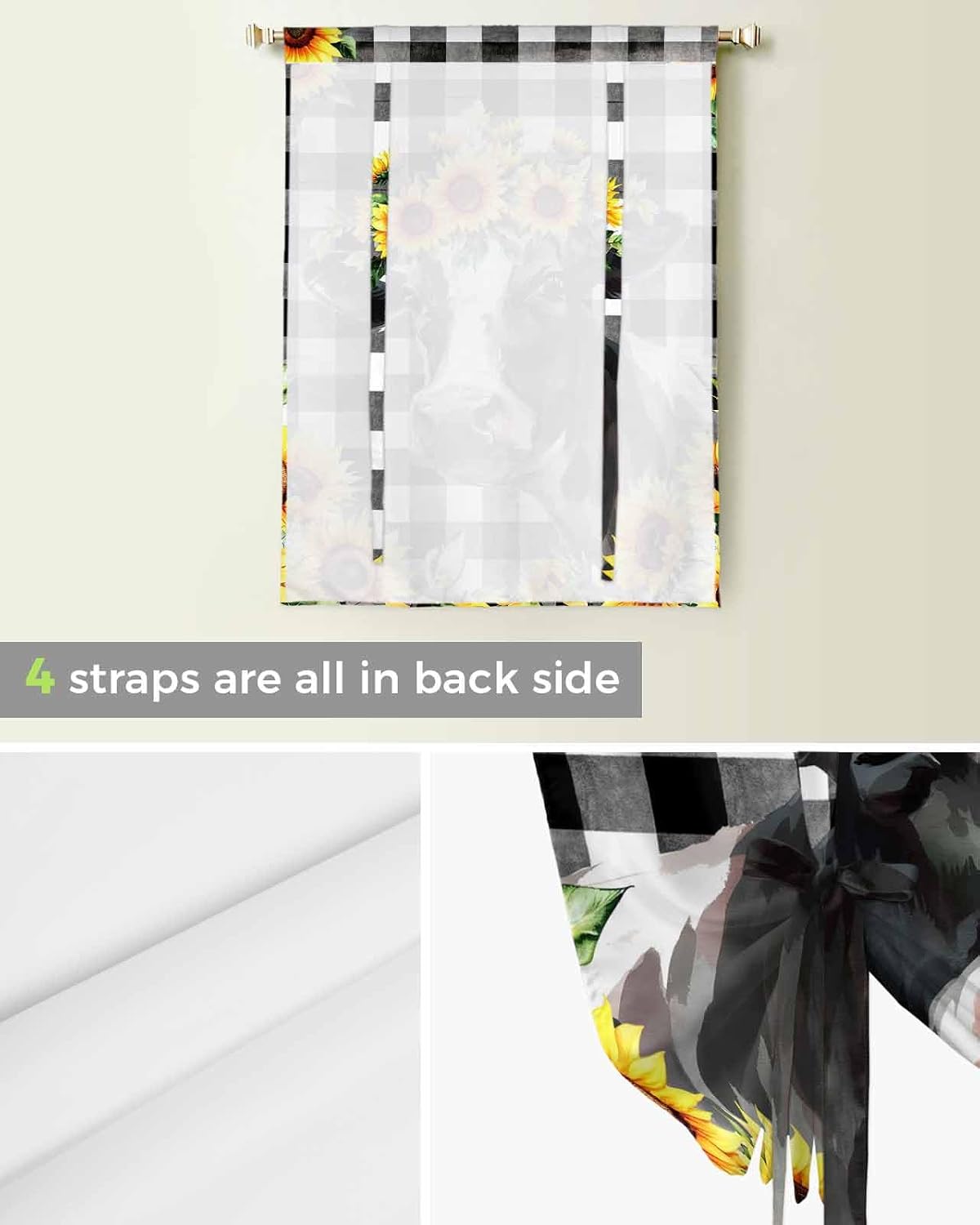 Tie Up Valance Yellow Sunflower Cow Window Curtain Shades Buffalo Check Plaid Black White for Kitchen Bathroom Living Room, Balloon Shade, 34"x45"