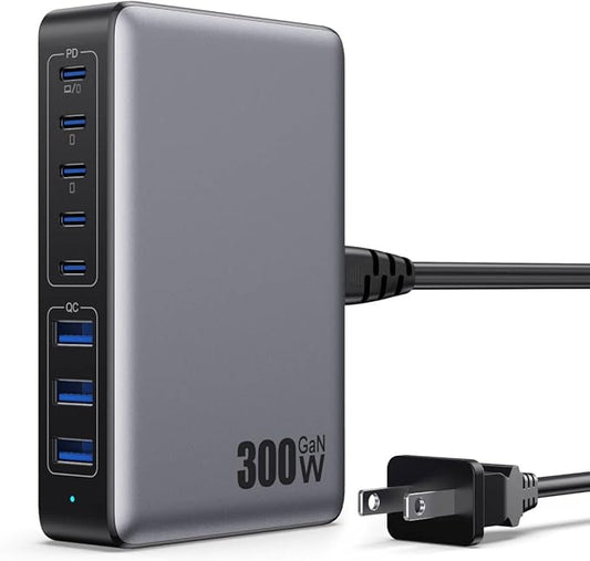 USB C Charger 300W USB C Charger Block, 8-Ports GaN IV Fast Charging Station Hub by GKUTW
