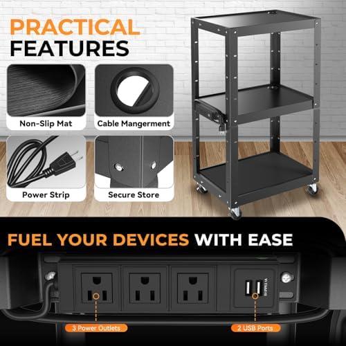 auto dynasty adjustable av cart w/power strip, 4, close-up detail