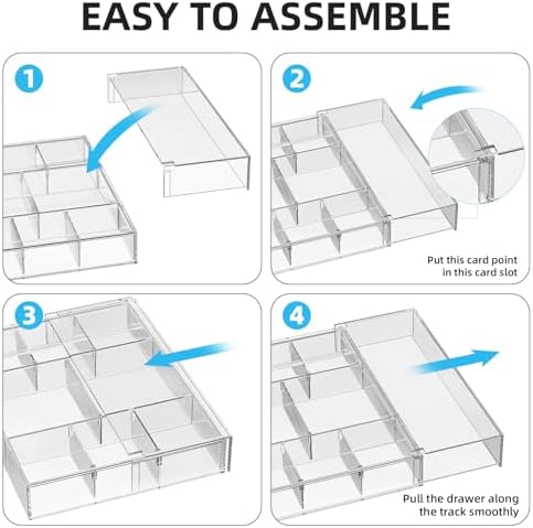 marbrasse expandable desk drawer organizer, clear plastic drawer on a desk or shelf