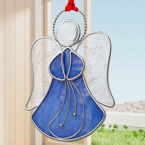 Blue Angel Stained Glass Sun Catcher for Windows Hangings | Personalized Sun Catchers Ornamen,Glass & Metal,Gifts for Mom Grandma Friend Teacher Birthday Christmas Holiday Decor