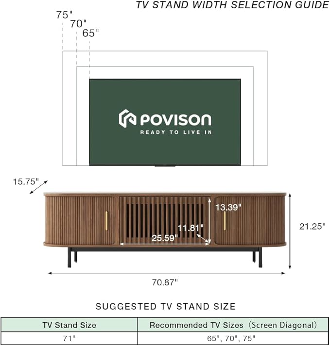POVISON Sliding Tambour Door TV Stand, Mid Century Modern Sintered Stone TV - Image 4