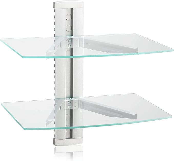 suptek 2 Tiers Glass Floating Shelves, Flat Black Wall Mount Bracket, AV Shelf by suptek