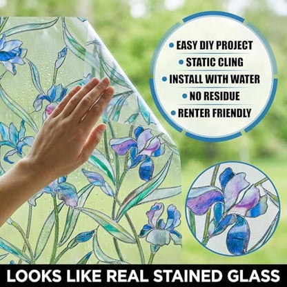 Coavas 3D Stained Glass Privacy Window Film, Static Cling, Blue 17.5"x39.4" | UV & Heat Blocking, Reusable No Adhesive, 3D Floral Pattern for Bathroom Kitchen Front Door Windows