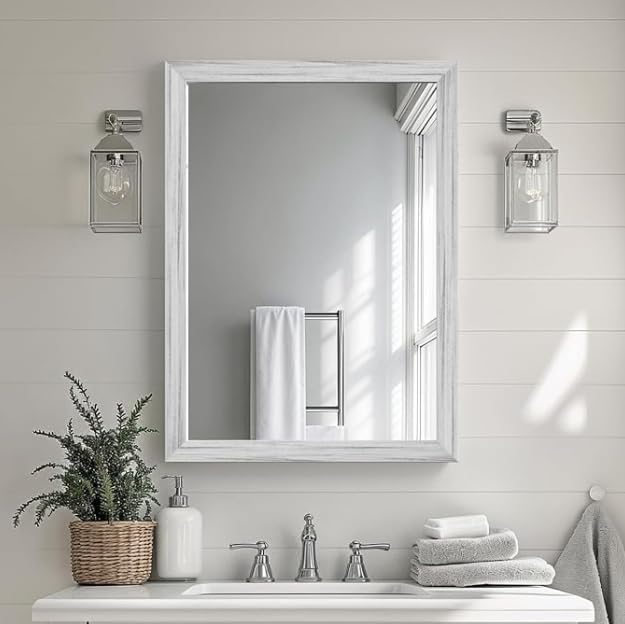 White Wood Effect Framed Wall Mirror, 24x32 Rectangle Mirror, Anti-desilvering by Ultrue