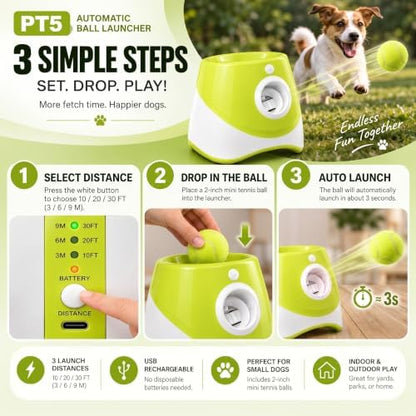 pt5 automatic dog ball launcher for small dogs showing dimensions