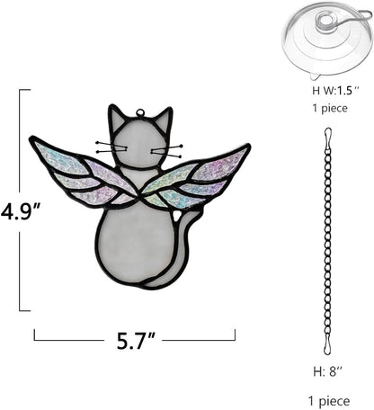 Gray Cat Gifts for Cat Lovers Stained Glass Suncatcher for Window | Angel Cat Memorial Gifts Stained Glass Window Hangings,Loss of Cat Memorial Gifts for Women,Mother,Friend, Grandma,Christmas