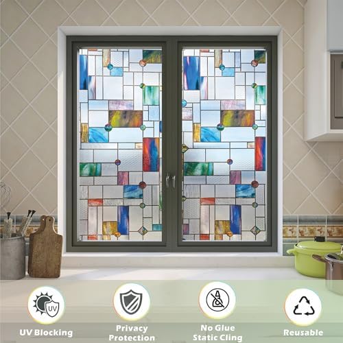 Stained Glass Window Film,16.9" x 78.7" 3D Decorative Static Cling Window Privacy Film,Non-Adhesive UV Blocking Heat Control Window Film (Simple Squares)