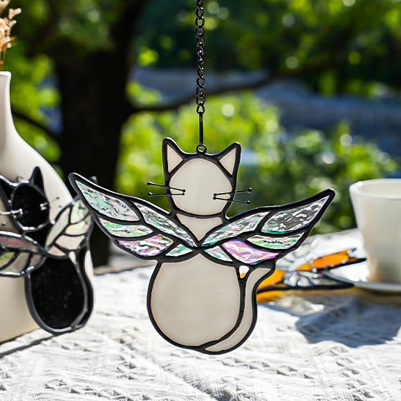 Gray Cat Gifts for Cat Lovers Stained Glass Suncatcher for Window | Angel Cat Memorial Gifts Stained Glass Window Hangings,Loss of Cat Memorial Gifts for Women,Mother,Friend, Grandma,Christmas