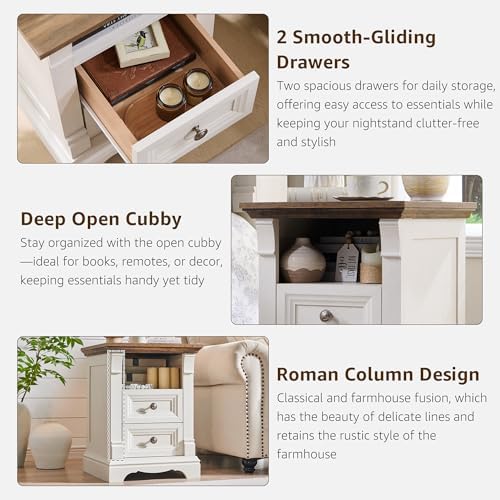 farmhouse nightstand with charging station 18"wood end table showing dimensions