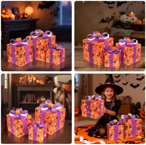 3 Pieces Lighted Boxes Halloween Decorations, Lighted Gift Boxes with Bat,Spi...