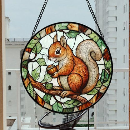 DASTOLL Stained Glass Window Hanging, Squirrel on a Branch Suncatcher Diamond Glass Panel Animal Sun Catchers Decor for Birthday for Women, Men, Wife, Aunt, and Mom 14.9x14.9 in