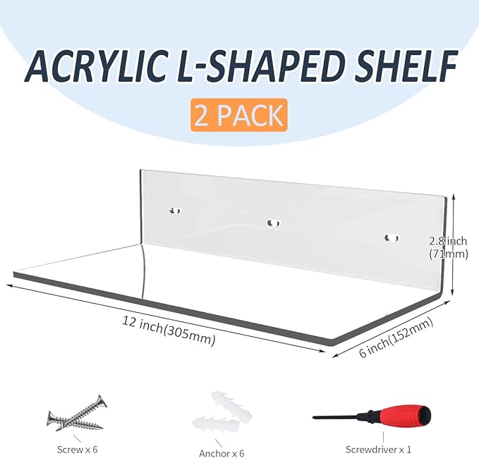 12 Inches Acrylic Wall Shelves 2 Pack, Floating Shelf - Image 3