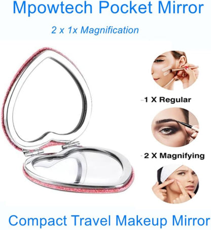 Red Heart Shaped Compact Mirror for Purse,1x/2x Magnification Cute Travel Mirror with Glitter,2.76 inch Double-Sided Mini Folding Mirror,Small Pocket Mirror for Gift,Travel Essentials