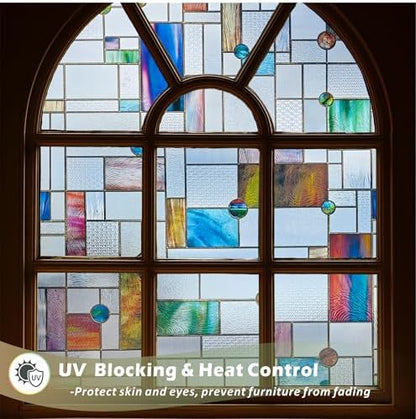 Stained Glass Window Film,16.9" x 78.7" 3D Decorative Static Cling Window Privacy Film,Non-Adhesive UV Blocking Heat Control Window Film (Simple Squares)