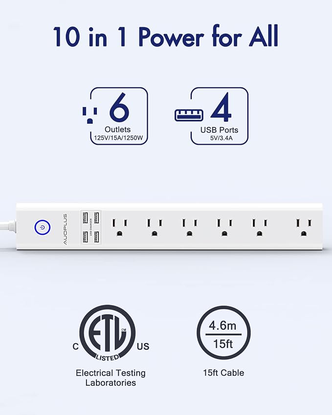 15 Ft Power Strip Surge Protector, 6 Outlets and 4 USB Ports, Flat Plug Power - Image 2