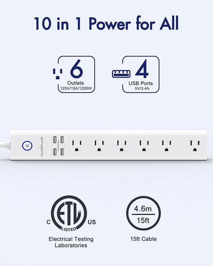 15 Ft Power Strip Surge Protector, 6 Outlets and 4 USB Ports, Flat Plug Power - Image 2