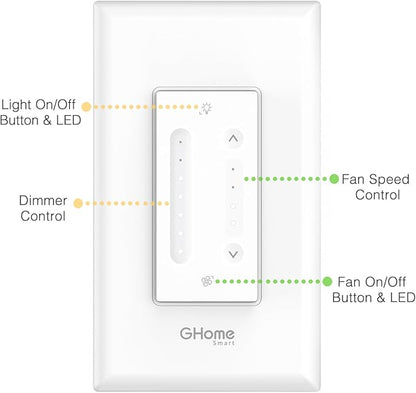 GHome Smart Dimmer Switch with 4-Speed Ceiling Fan Control, Ceiling Fan and - Image 2
