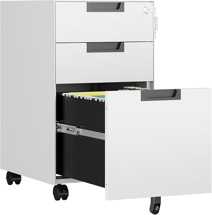 3 Drawer File Cabinet with Lock, Fully Assembled Metal Mobile Filing Cabinets by AFAIF