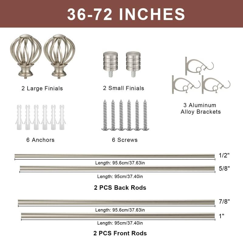Double Curtain Rods for Window 36-72", Brushed Nickel Double Curtain Rods with Round Cage & Barrel Finials, Adjustable Double Rod Curtain Rod, 1-Inch Front and 5/8 Inch Back Double Drapery Rod